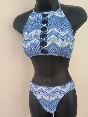 OP Blue Chevron High-Neck Lattice Bikini Set